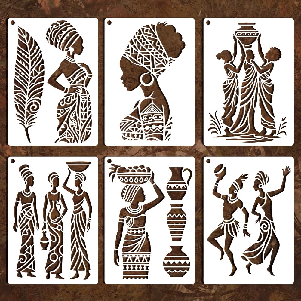 GOMAKERER 6 Sheets African Woman Painting Stencil, 6 Styles Tribal Woman Drawing Template Reusable African Tribal Pattern Art Templates for Album Journals Planner Scrapbook โ image 1