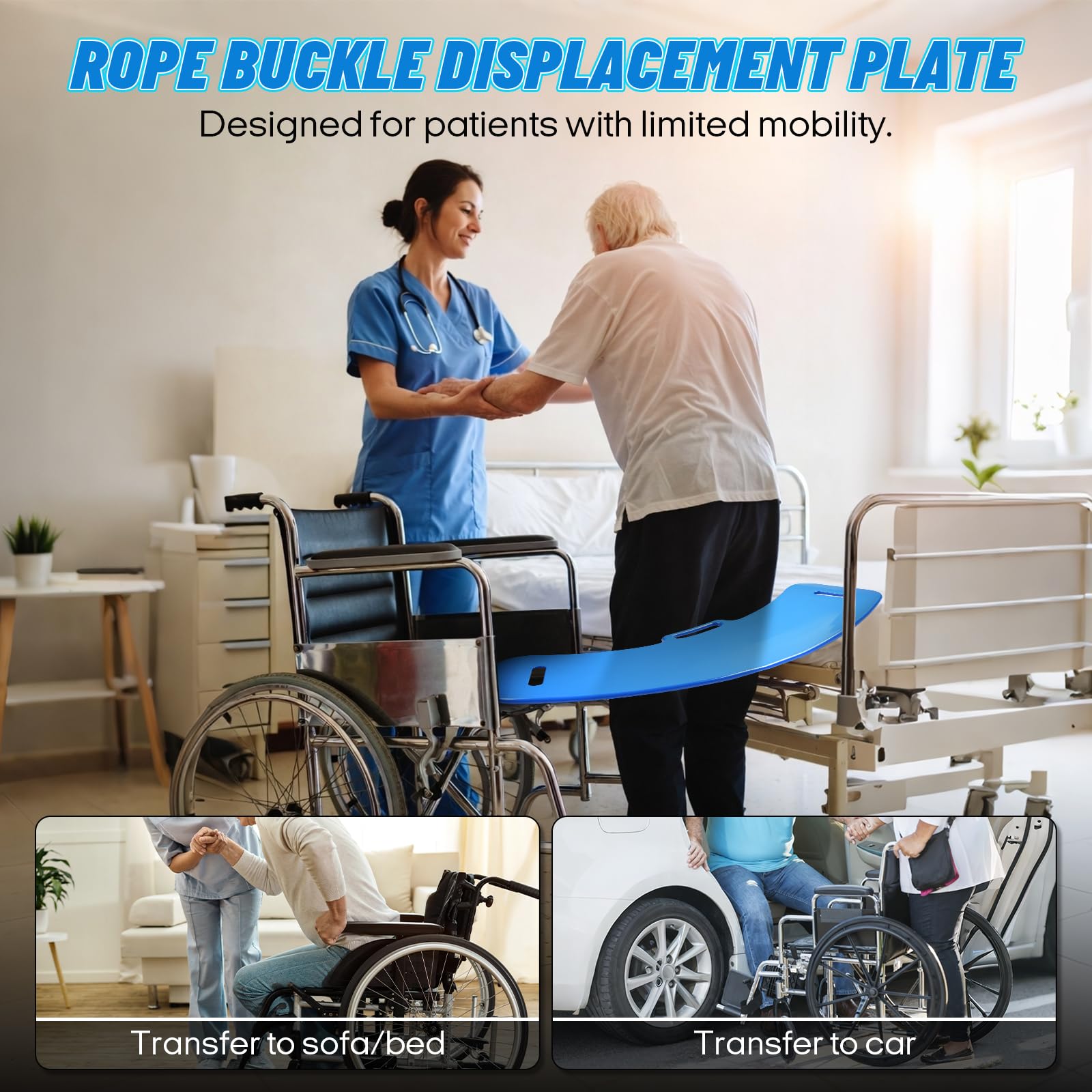 Tabla de transferencia con 2 hebillas de cuerda y asa, soporta hasta 150 kg | Patineta antideslizante para trasladar al paciente de silla de ruedas a cama, inodoro, coche, etc