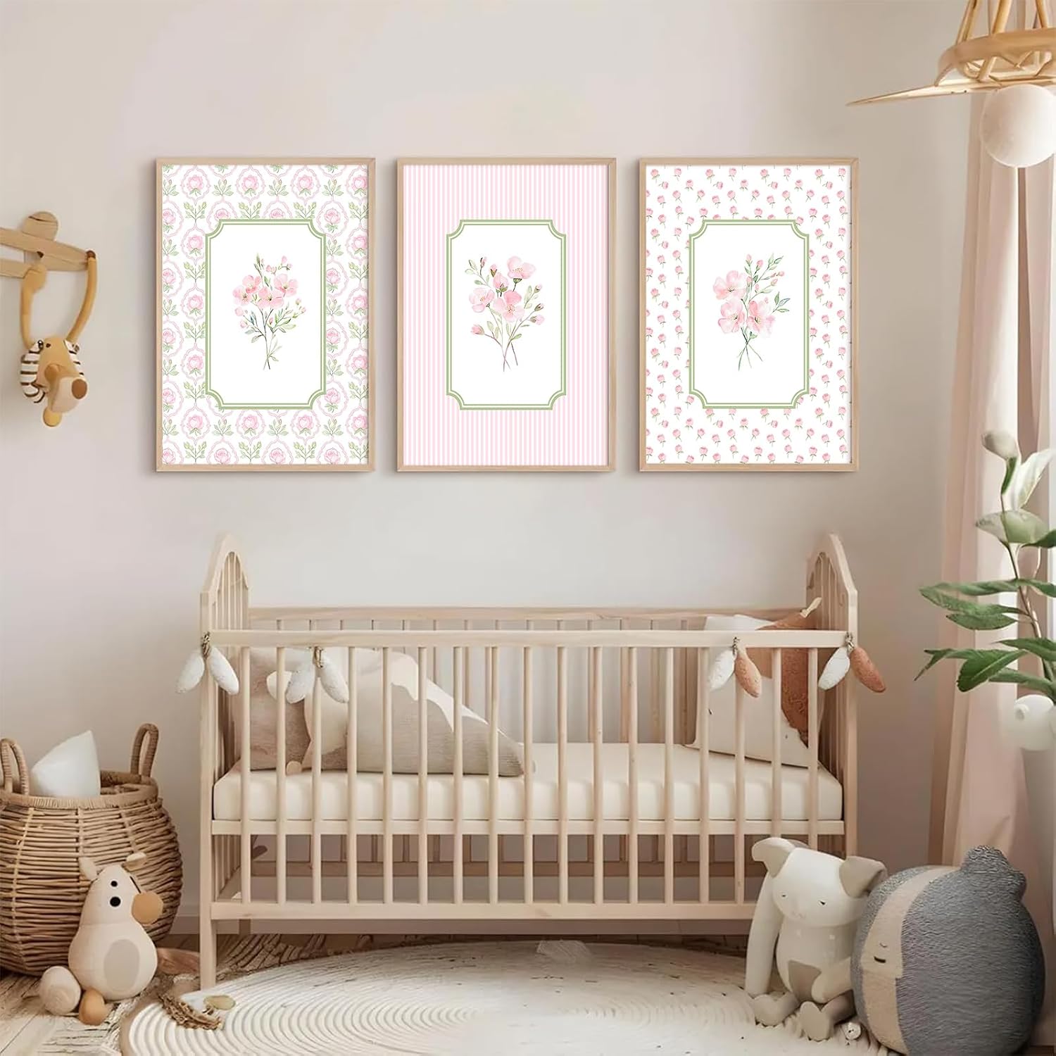 Pink Floral Wall Art Nursery Flower Canvas Wall Decor Baby Girl Wildflower Pictures Aesthetic Striped Botanical Poster Prints Pink Green Floral Painting Artwork for Girl Room 12x16 Inch Unframed 3Pcs