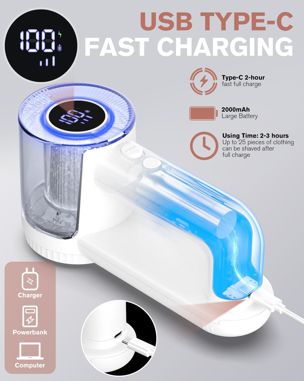 Homtronics Electric Lint Remover connected to USB-C charging cable, showing LED battery display