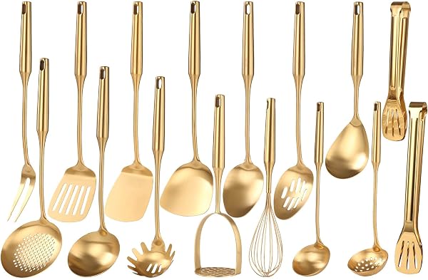 Gold Kitchen Utensils Set - 18/10 Stainless Steel Cooking Tool, All Metal Serving Utensil - Whisk, Masher, Fork, Tongs, 