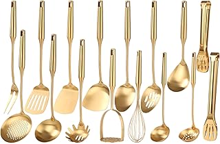 Gold Cooking Utensils Set - 18/10 Stainless Steel Small and Large Spoons Set, 16 PCS All Metal Kitchen Tools, Serving Utensils - Whisk, Masher, Fork, Tongs, Spatula, Turner, Ladle, Skimmer, Pasta