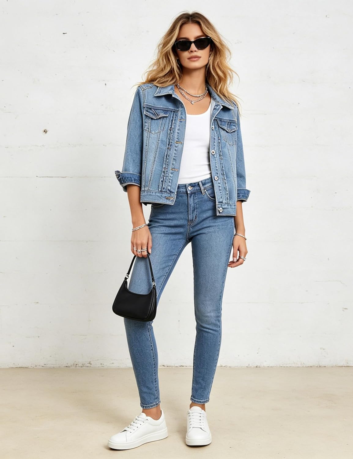 Omoone Women's 3/4 Sleeve Cropped Denim Jacket Summer Short Trucker Jacket Blue Jean Coats Tops