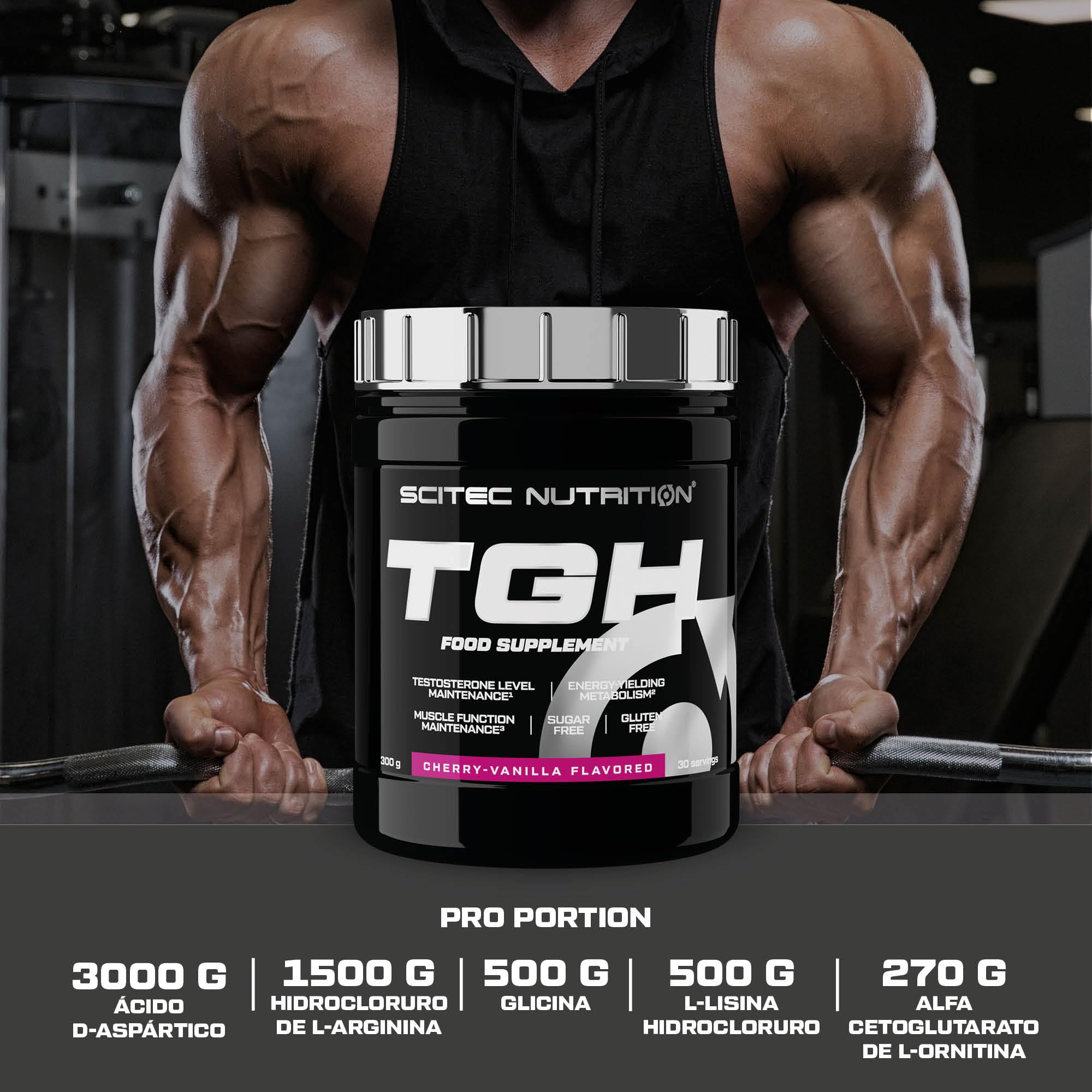 Scitec Nutrition TGH - Testosterona avanzada Optimizer bebida en polvo, la energía y la vitalidad - sin azúcar y sin gluten Fórmula, 300g, Cereza-Vainilla