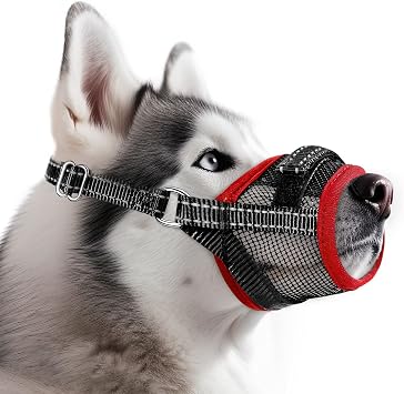SlowTon Dog Muzzle - Soft Mesh Dog Mouth Guard for Small Medium Large Sized Dogs Chihuahua Husky Labrador Retriever, Quick-Dry Adjustable Loop Anti Biting Barking, Allow Panting Drinking Red L