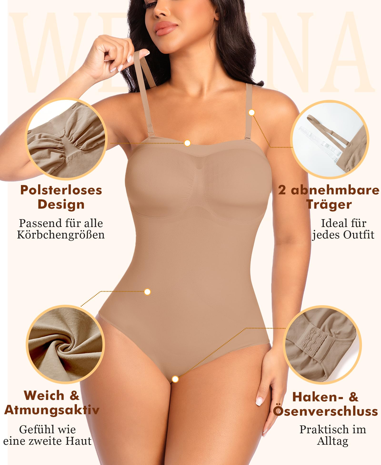 Werena Shapewear Damen Body Bauchweg Trägerlos – Nahtloser Miederbody Stark Formend, Figurformender Body Shaper Slip, Shaping Bodysuit mit 2 Paar Abnehmbaren Trägern
