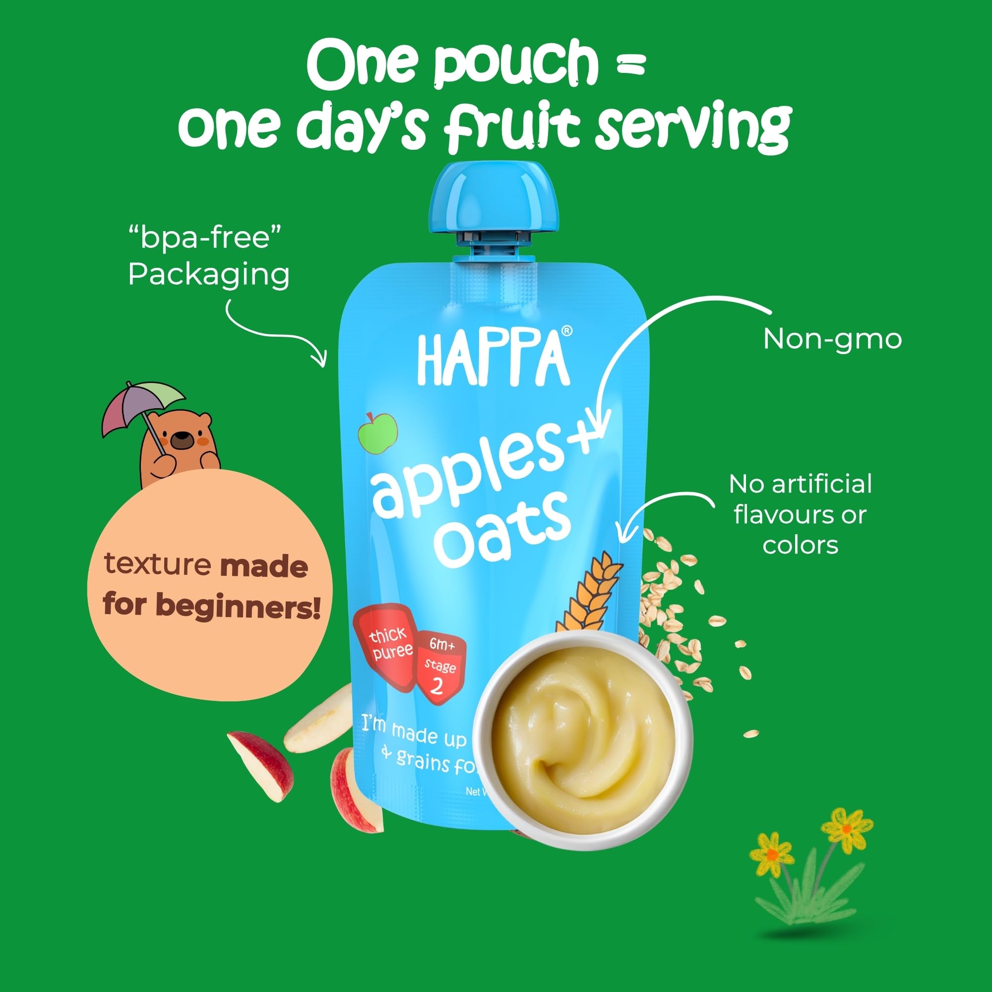 Happa Organic Baby Food Apple and Oats Puree | 100% Fruits and Oats | No Added Sugar, No Milk Powder, No Preservatives | Stage 2 (6 Months+) | Ready to Eat | Free from Common Allergens | Pack of 1 (100g Each) 2