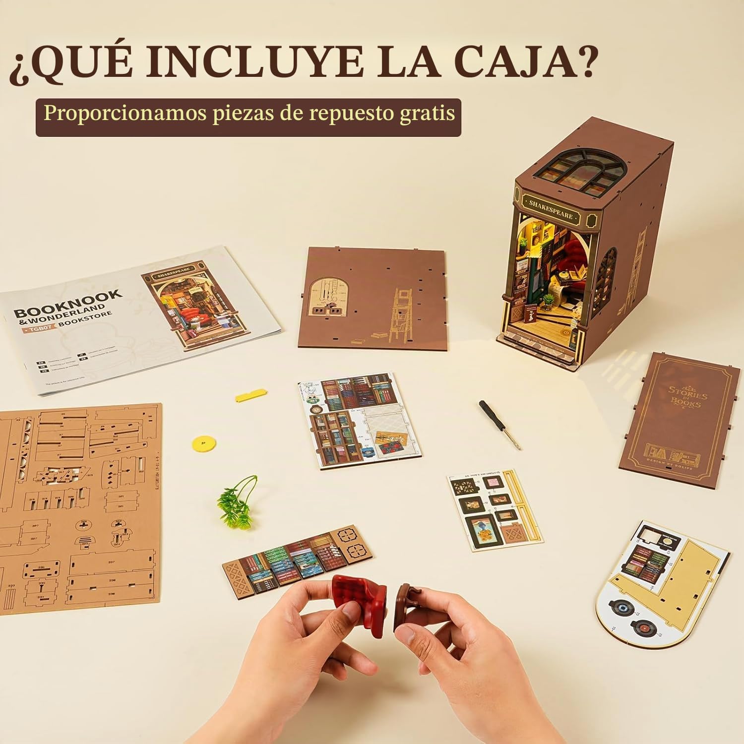 ROBOTIME DIY Book Nook Kit, Booknook Casa de muñecas en Miniatura de Madera con Muebles y Luces LED, Decoración del Hogar Regalos Navideños - Librería Shakespeare