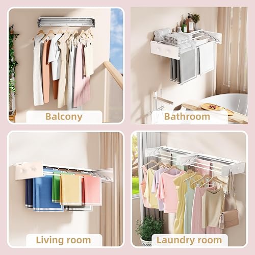 Miniatura 4 de BAKON Tendedero de pared con 4 ganchos y estante, tendedero de ropa plegable para cuarto de lavandería, tendedero de lavandería plegable de montaje