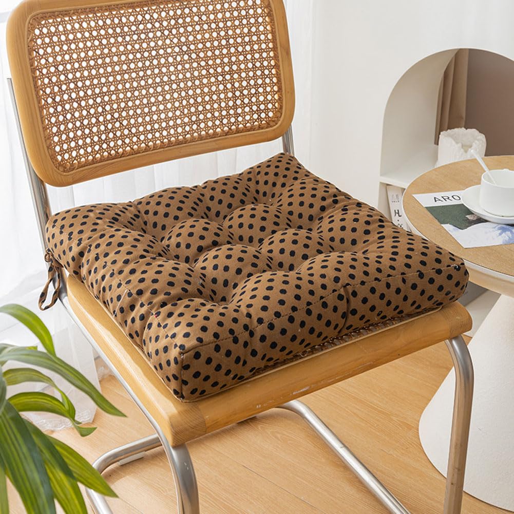 kuyouqi Corduroy Seat Cushion with Ties for Dining Chair, Square Thick Seat Pad Soft Armchair Booster Cubic Cushion for Home Office Garden (Brown/Dot#2, 45 x 45 x 10 cm)