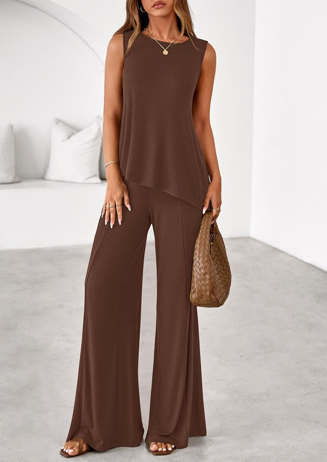 PRETTYGARDEN Women's 2026 Two Piece Matching Lounge Sets Asymmetrical Split Tank Tops Wide Leg Pants Summer Outfits Tracksuit - Image 7