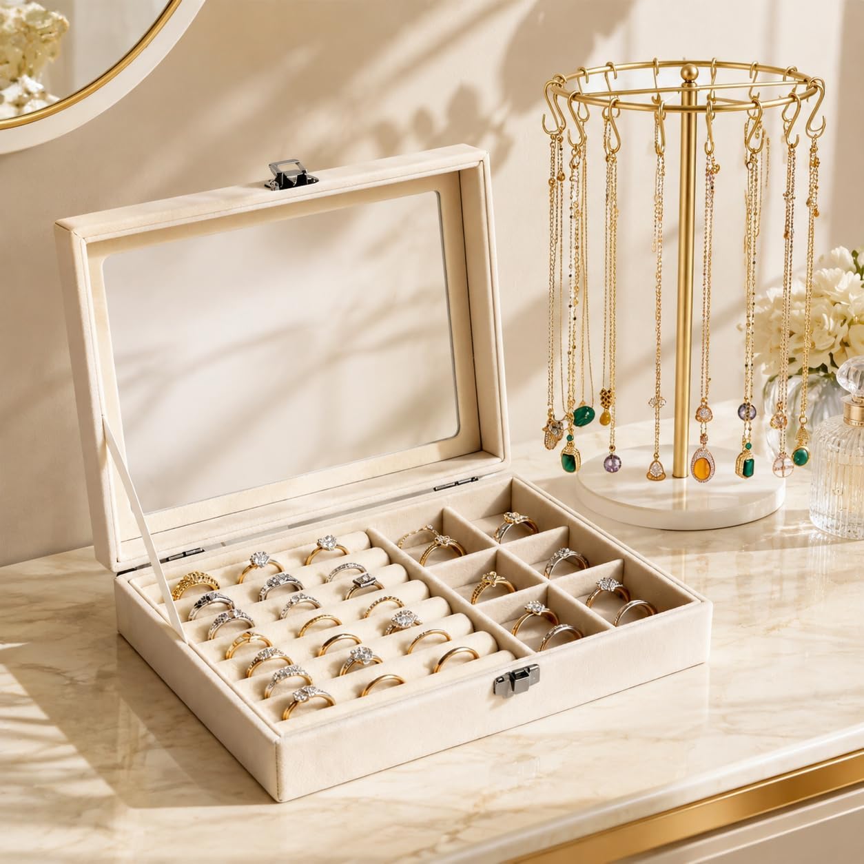 Jewelry Stand with Velvet Tray & Adjustable Hooks for Vanity Display