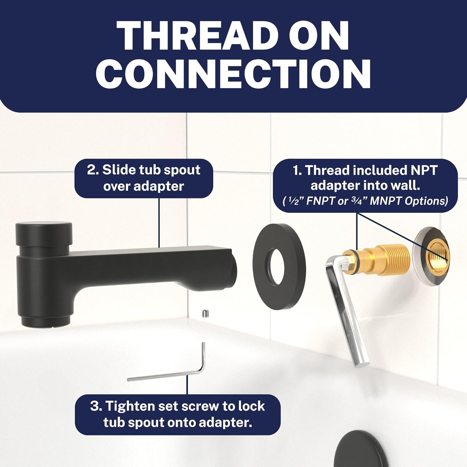 HammerHead Solid Brass Tub Spout with Spring-Loaded Diverter, 6.8" Length, 1/2" FNPT or 3/4" MNPT Thread-On Bath Tub Spout, Heavy-Duty Bathtub Faucet, Matte Black