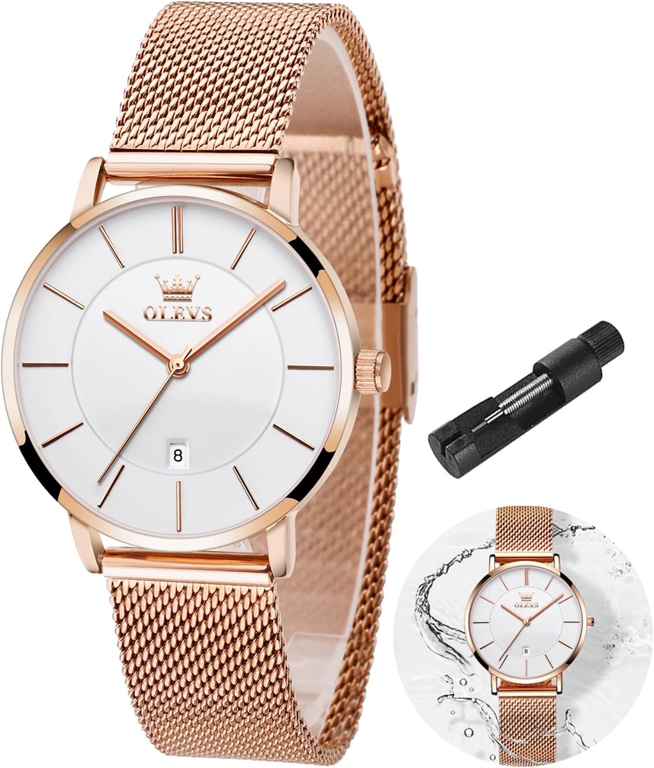 Women's Watch Luxury Dress Rose Gold Women Slim Thin Lightweight Watch Stainless Steel Mesh Watches Fashion Waterproof Ladies Wrist Watch Black White Blue Face,Adjustable Bracelet