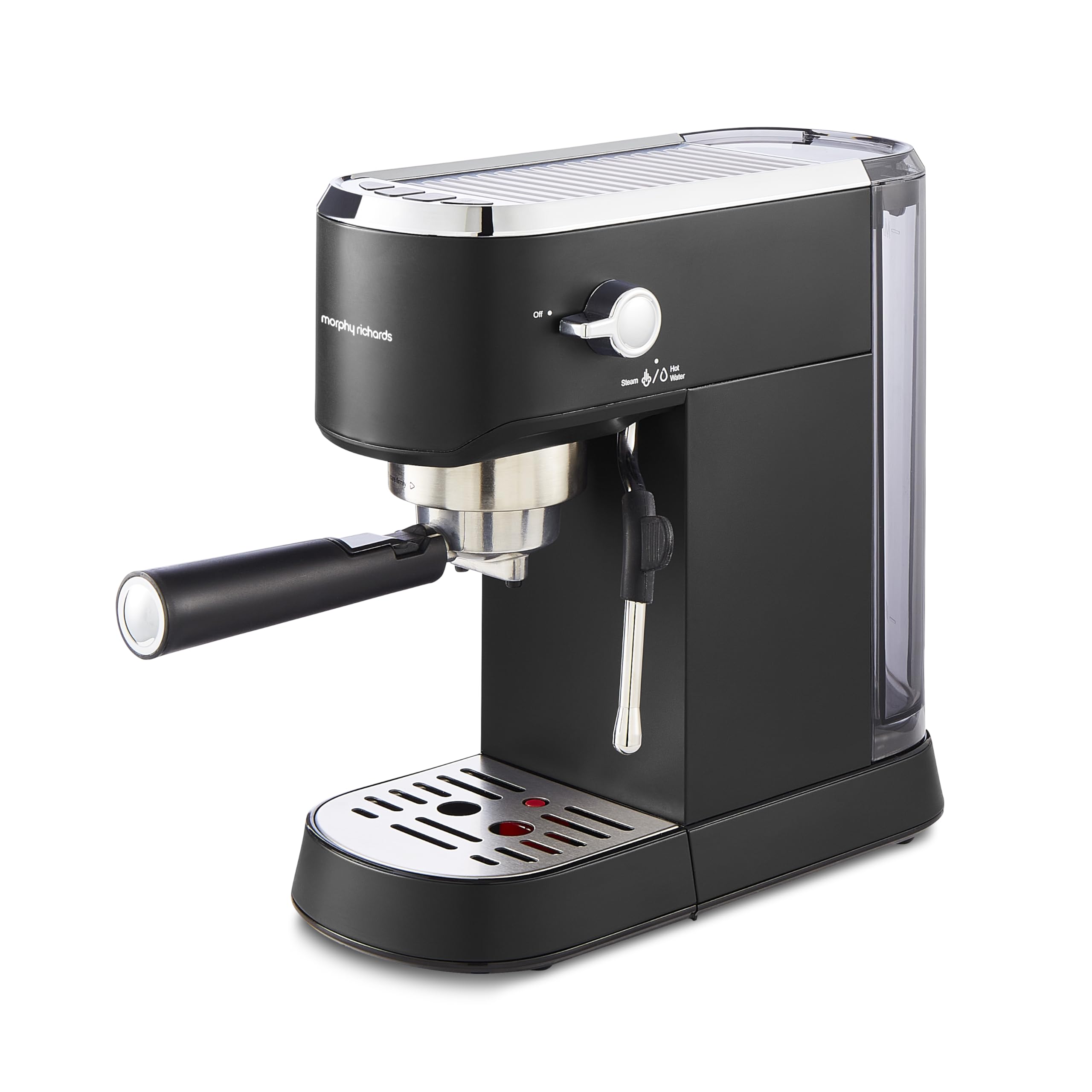 Morphy Richards Signature Compact Espresso Maker, Ground Coffee, Dual Cup, Illuminated Buttons, 1L Water tank, Steam Control, Stainless Steel, Black, 172024