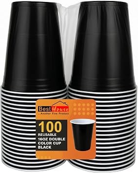 BH | Black Plastic Cups | 16oz | 470 ml | 100-Pack | Party Cup, Drinking Cup for Party, Events, Everyday, Christmas, Games, Wedding and Picnics, Reusable & Recyclable Drinking Cups - by Best House