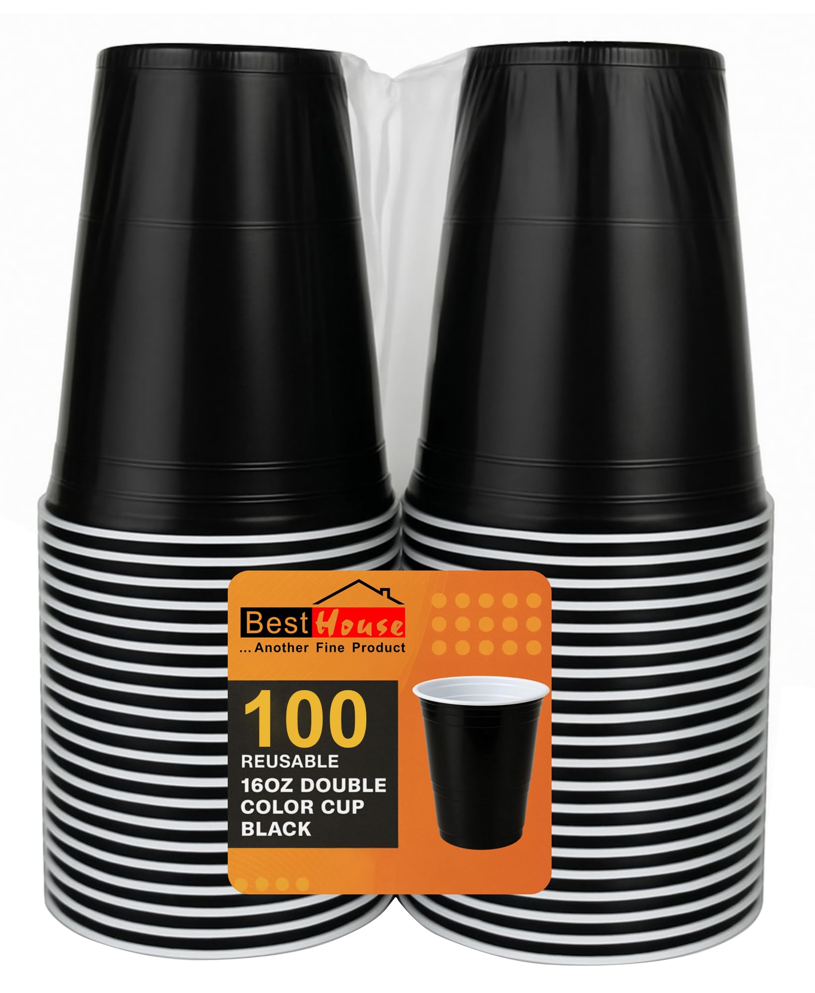 BH | Black Plastic Cups | 16oz | 470 ml | 100-Pack | Party Cup, Drinking Cup for Party, Events, Everyday, Christmas, Games, Wedding and Picnics, Reusable & Recyclable Drinking Cups - by Best House
