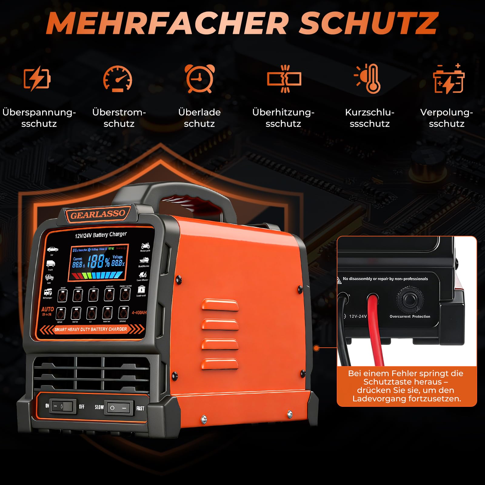 12V 24V Autobatterie Ladegerät, 0-15A Batterie-Erhaltungsgerät mit automatischer Abschaltung, 10 Lademodi inkl. CV/CC- & Strong-Modus, Smart Erhaltungs-Ladegerät für Auto, LKW, Motorrad, RV