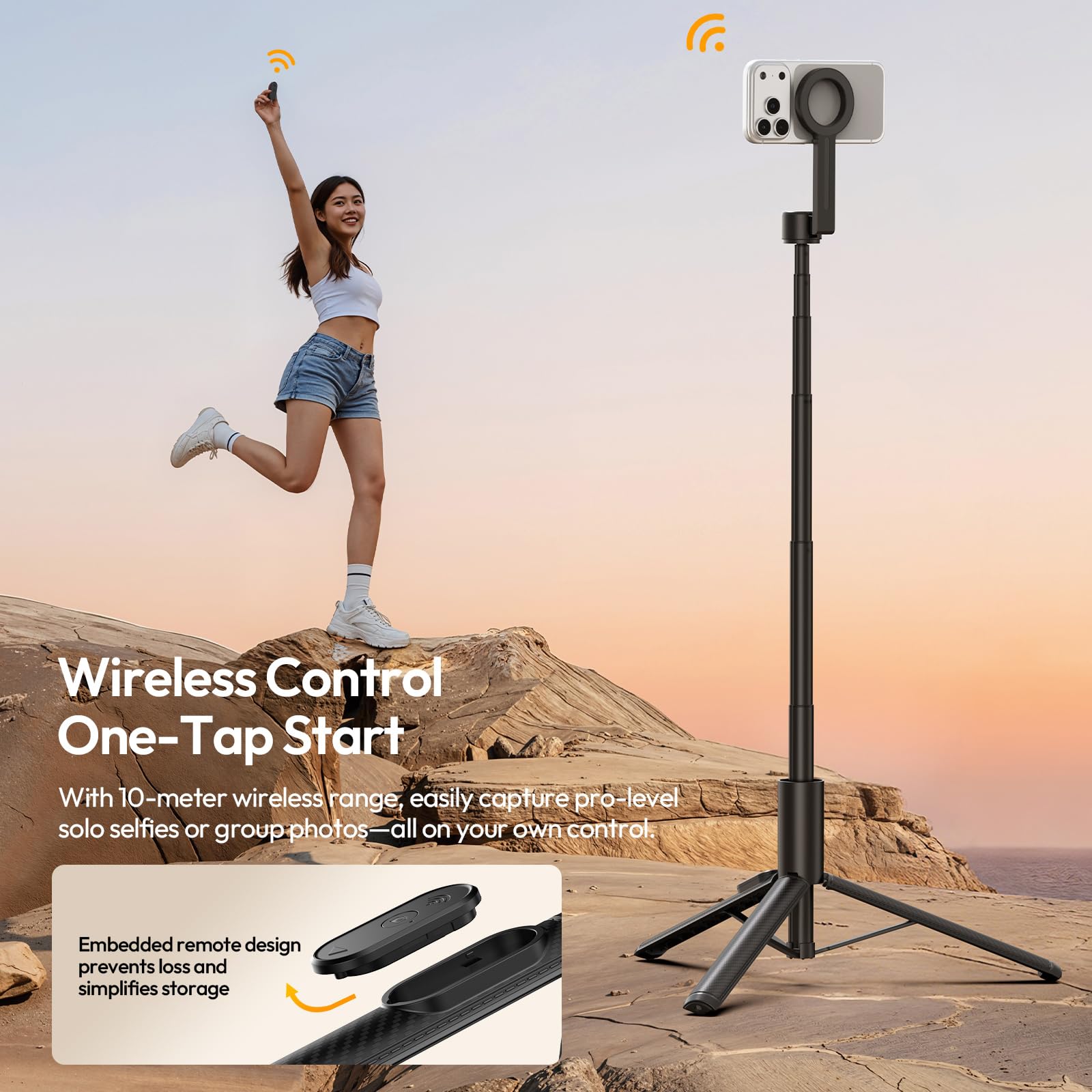 ULANZI SK27 statyw do selfie 154 cm, ukryta głowica mocująca, wysuwany mini statyw do smartfona, nachylenie 200° i śruba 1/4", statyw ręczny z pilotem zdalnego sterowania, tripod, telefon komórkowy do