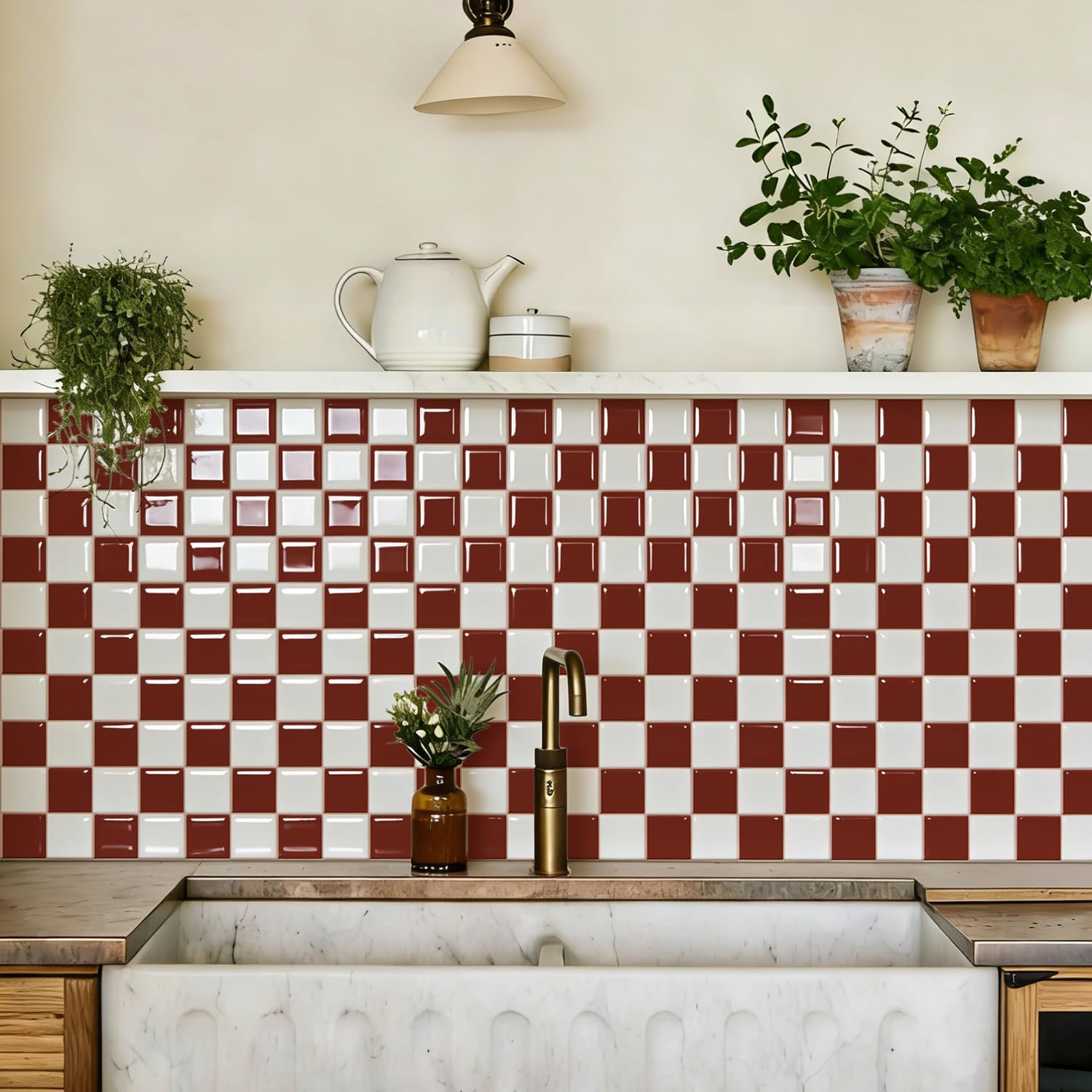 Alwayspon 30x30cmx10Pcs 3D Checkerboard Vinyl Peel and Stick Splashback Wall Tiles Sticker, Self-Adhesive Waterproof Tile Stickers Stick on Tiles for Kitchen Bathroom Wall, White Deep Red Brown