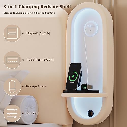 Miniatura 4 de Base de cama tapizada tamaño Queen con 2 cajones de almacenamiento y cabecera de estante lateral, marco de cama de terciopelo con luces LED, puerto