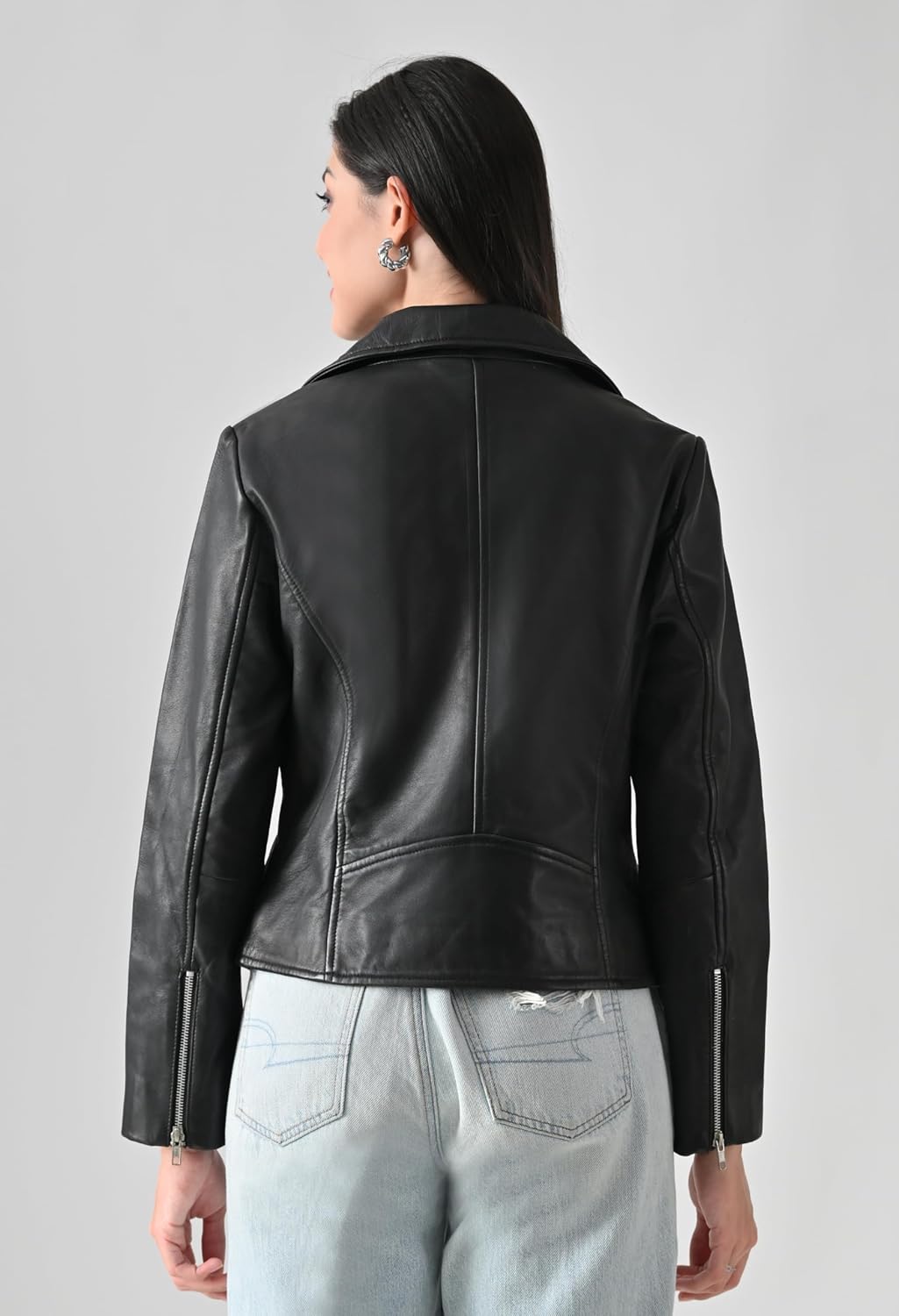 Women's Genuine Black Leather Biker Jacket – Stylish Moto Crop Fit with Zip Details - Image 4