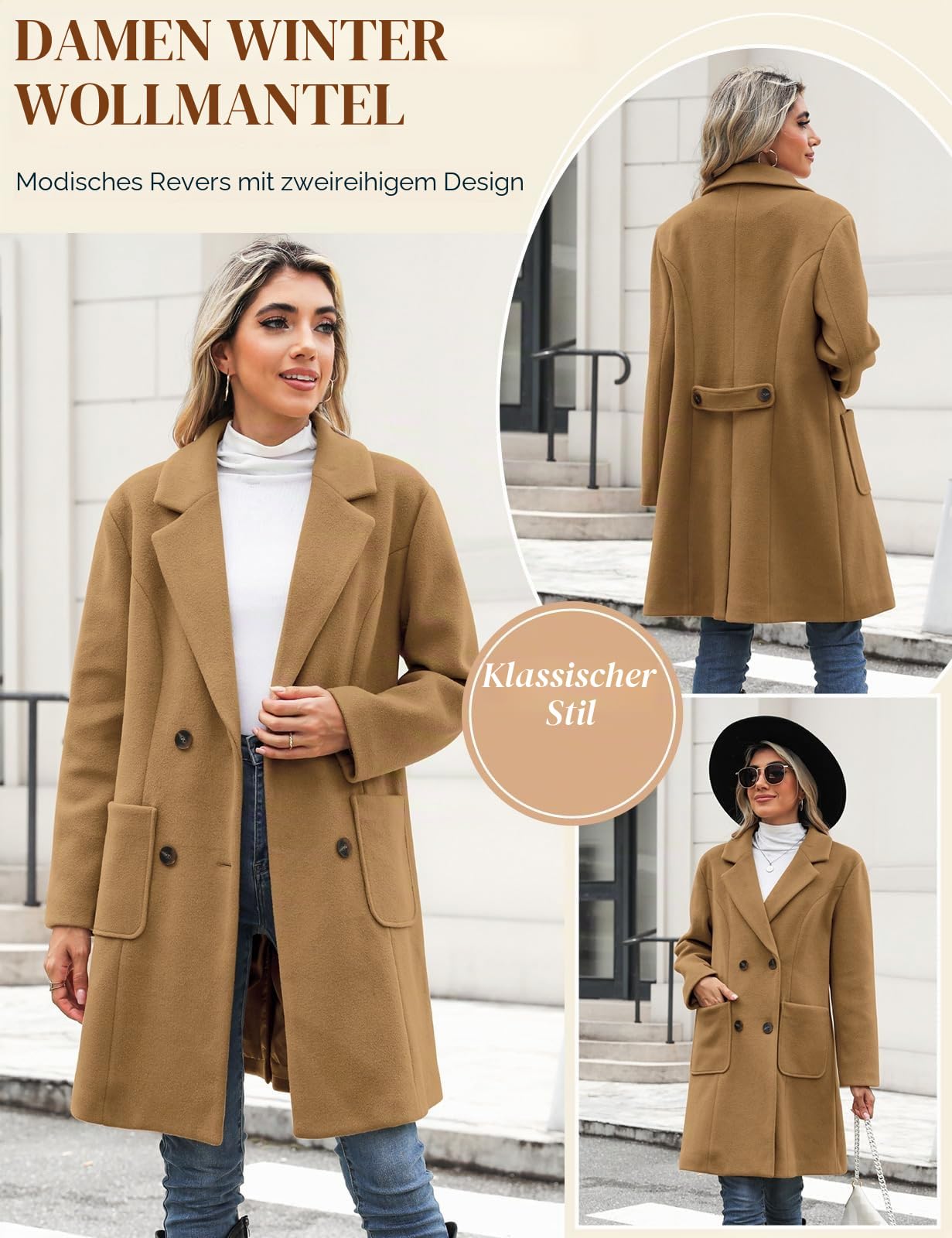 Yuson Girl Wintermantel Damen Langer Wollmantel Herbst Winter Klassischem Revers Coat Warmer Übergangsmantel Elegant Kurzmantel Einfarbig Jacke Outwear mit Doppelreihigen Knöpfen