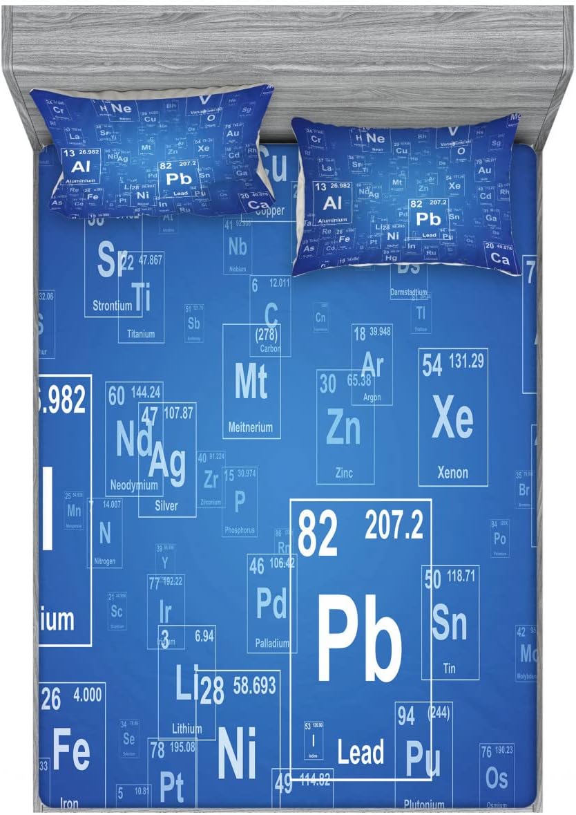 Ambesonne Science Fitted Sheet & Pillow Sham Set, Chemistry Tv Show Inspired Image Periodic Element Table Print Art, Decorative Printed 6 Piece Bedding Decor Set, Queen, Azure Blue