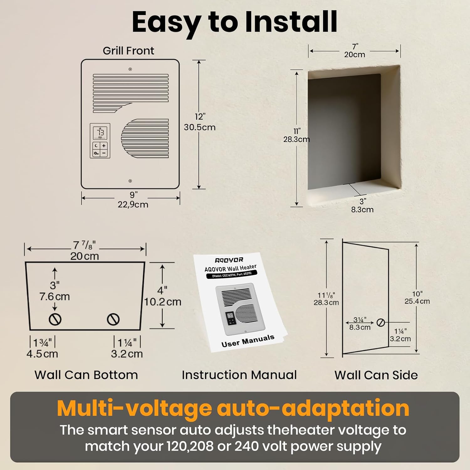Upgrade CEC163TW in Wall Heater for Cadet Wall Heater, With Built-In Digital Thermostat, High - Capacity Heater for Fast - Heating Space, Suitable for Bedroom, Bathroom, Office, 240/208/120 Volt