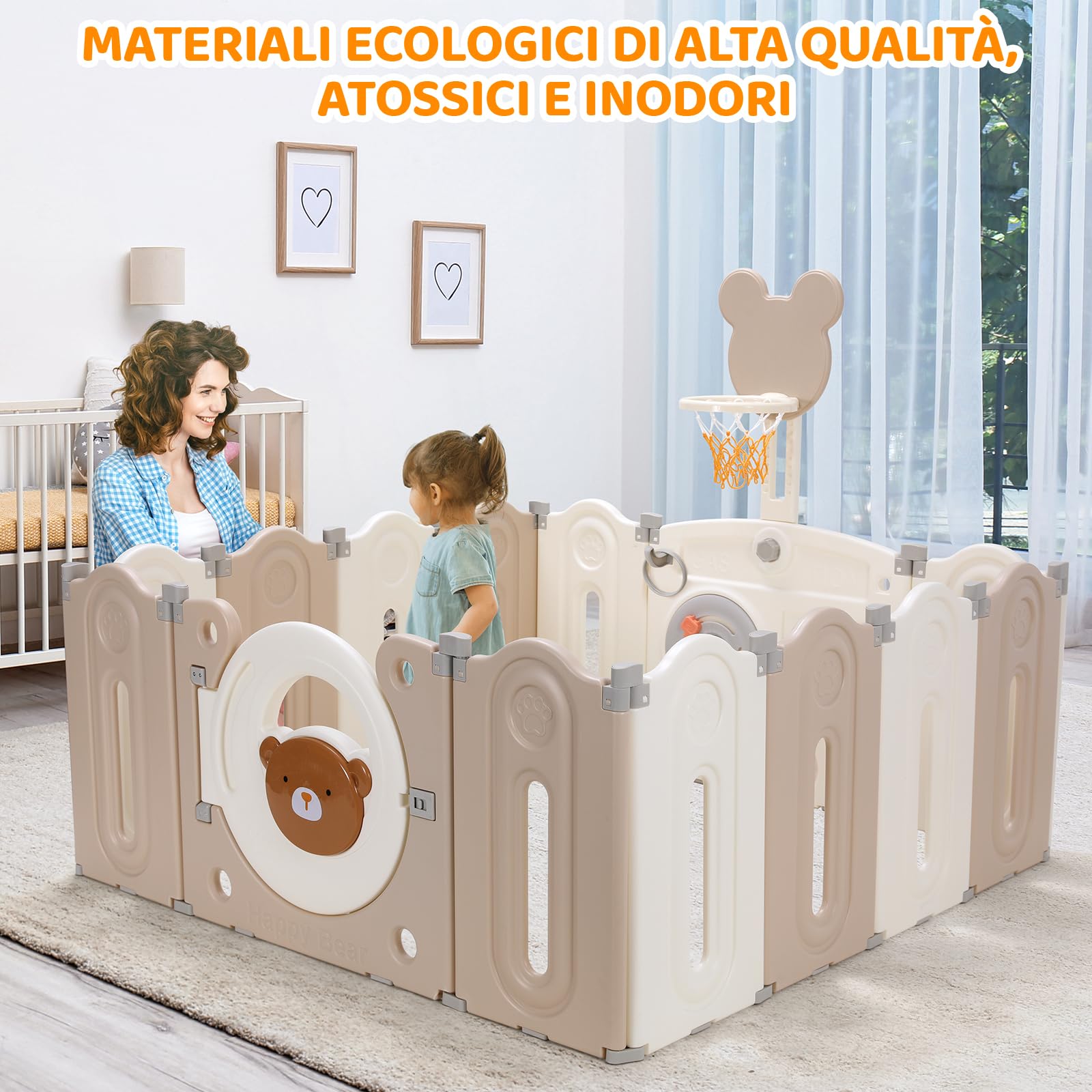 MAMIZO Box Bambini Pieghevole, Forma Regolabile, Materiale HDPE Atossico | Recinto per Bambini 143x143x64cm con 12PCS Modulo, Box Neonato, con Canestro da Basket, Pallacanestro e Tavola per Giocattoli