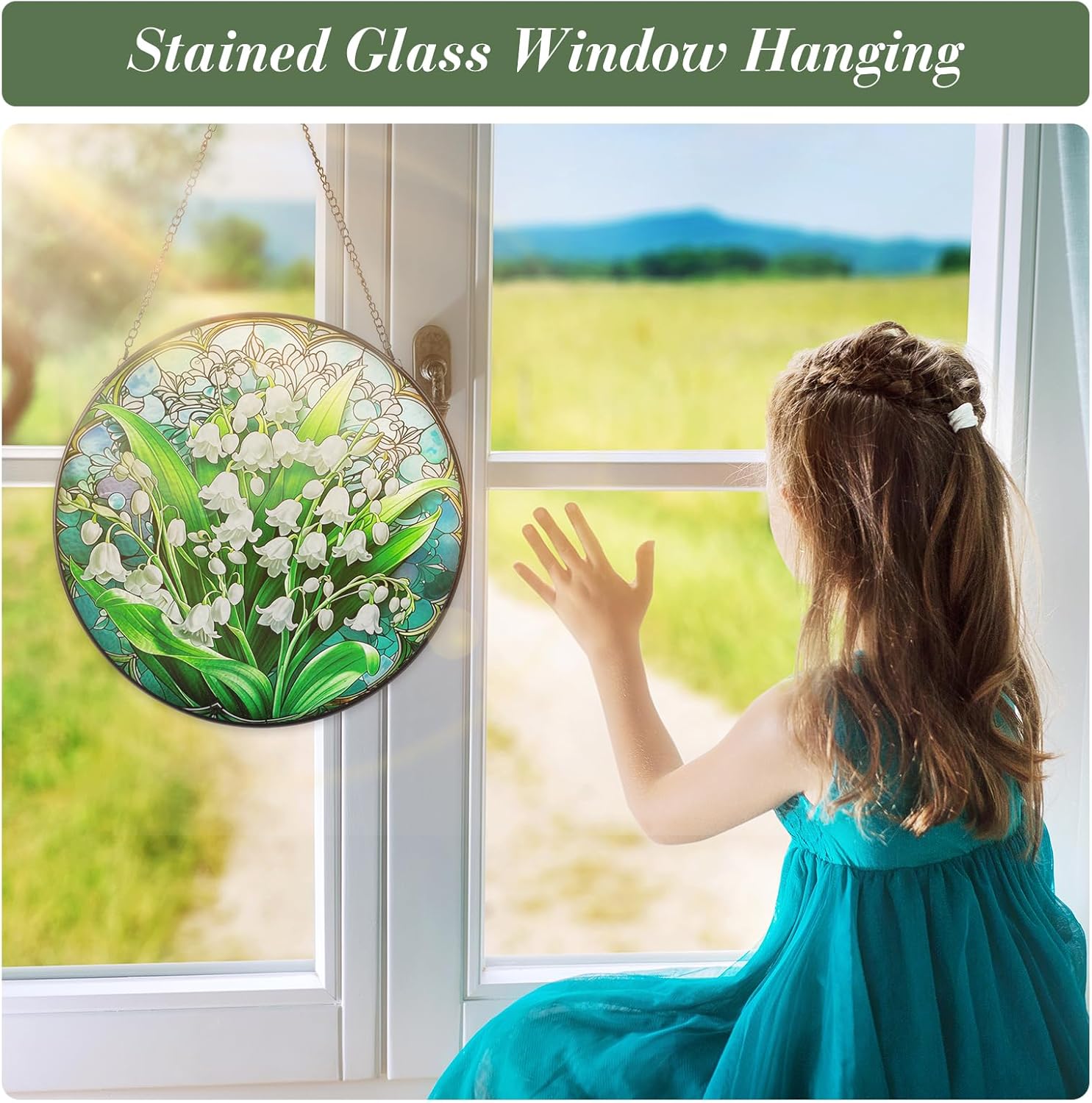 Stained Glass Window Hanging - Lily of The Valley Flower Suncatchers Stain Glass Landscape Sun Catcher Indoor Windows Decor for Mother's Day Christmas Birthday Gifts for Wife and Mom(9.8-inch)