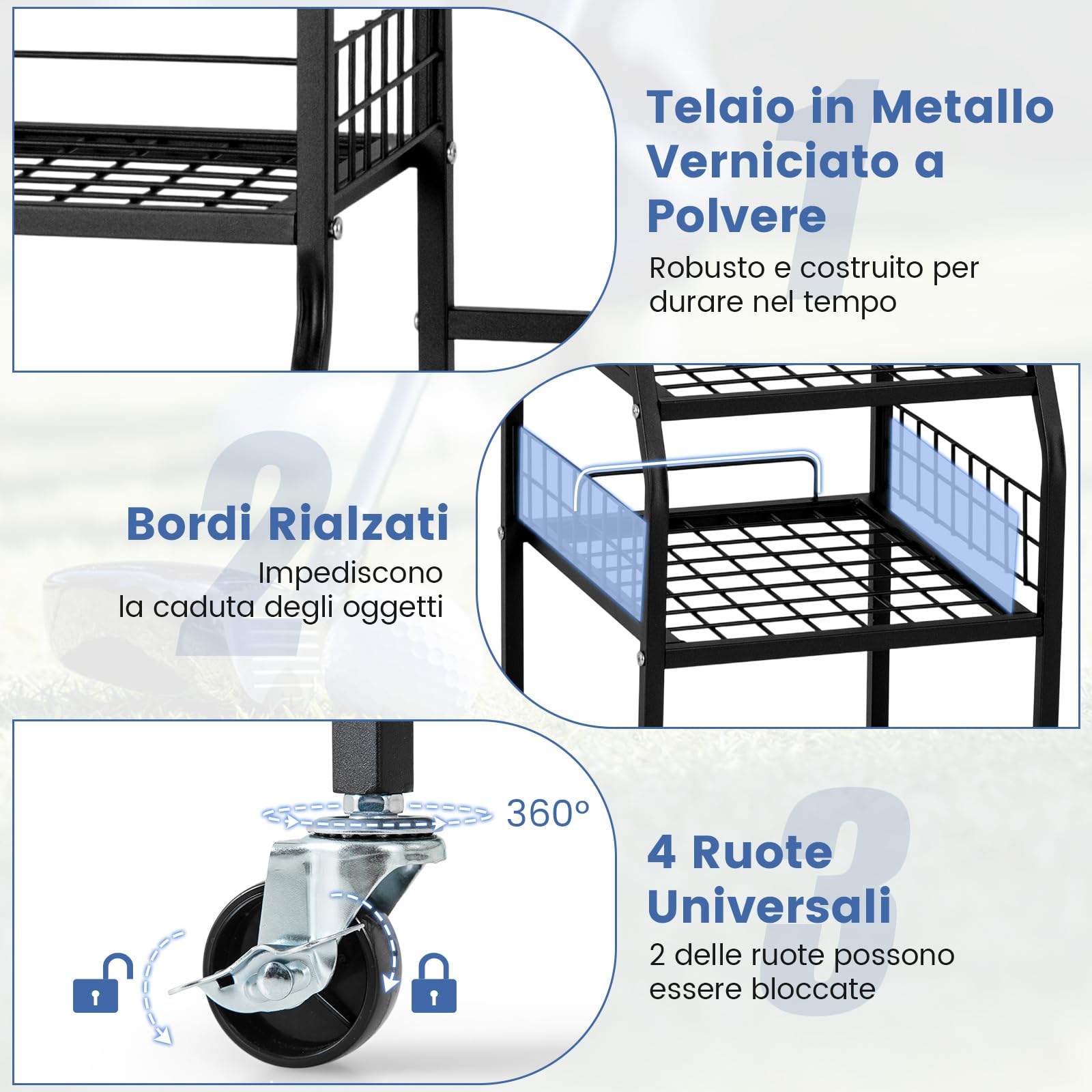 COSTWAY Organizer per Borse da Golf, Carrello per Sacca da Golf con Supporti Rimovibili, Cesta in Rete, Scaffali Aperti, Vassoio e Ruote, Organizzatore Salvaspazio in Metallo per Casa e Garage