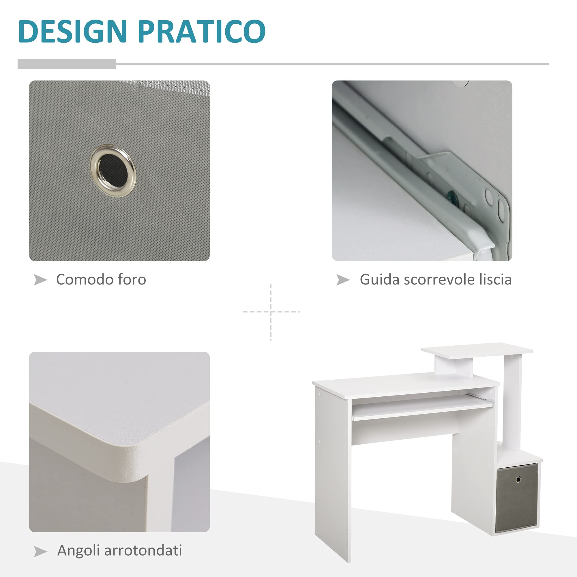 HOMCOM Scrivania Moderna per PC con Ripiano in Legno 100x40x86.6cm Bianco | Mensola Porta Tastiera, Cassetto in Tessuto