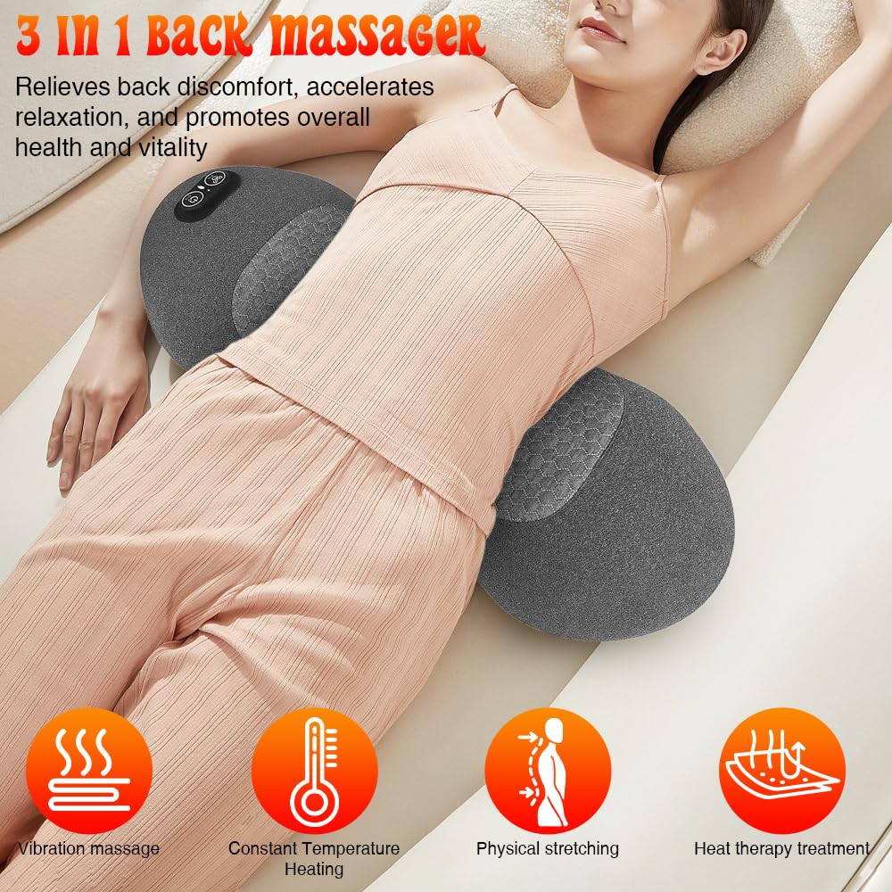 3 In 1 RüCkenmassagegeräT, Rückenmassagegeräte mit Wärme, Vibration & Dehnung, Ergonomische Rückenstütze, Rückenmassagegerät mit intelligentem Steuerschalter für Unteren Rücken, Nacken