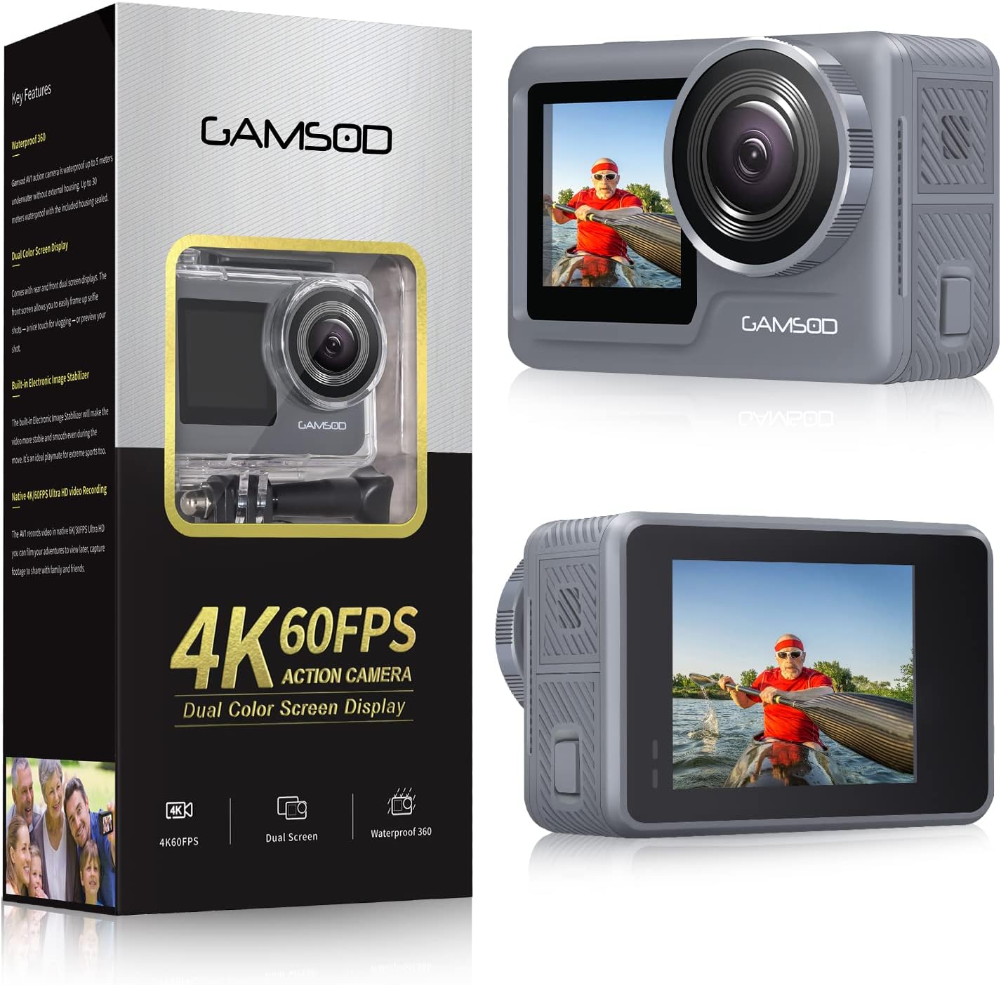 GAMSOD Upgraded 4K60FPS 20MP WiFi Action Camera with Front LCD & Touch Rear Screens, 30M Waterproof, EIS3.0, Stabilization, Remote Control, Outdoor Sports Camera Underwater Camcorder with 2x Batteries : Electronics