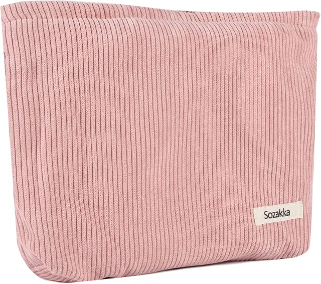 Fycyko Compatible with Makeup Bag Simple Corduroy Toiletry Bag Travel Makeup Pouch Organiser Mini Cosmetic Bag for Women Girls-Pink