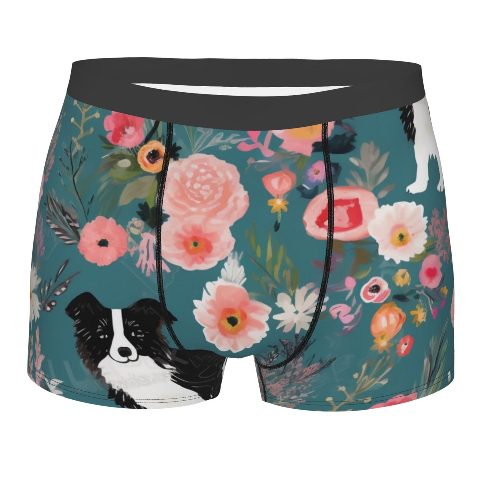Gfhwpxcnb Men's Black Border Collie Florals Print Underwear Trunks Comfort Breathable Stretch Boxer Shorts Underpants For M