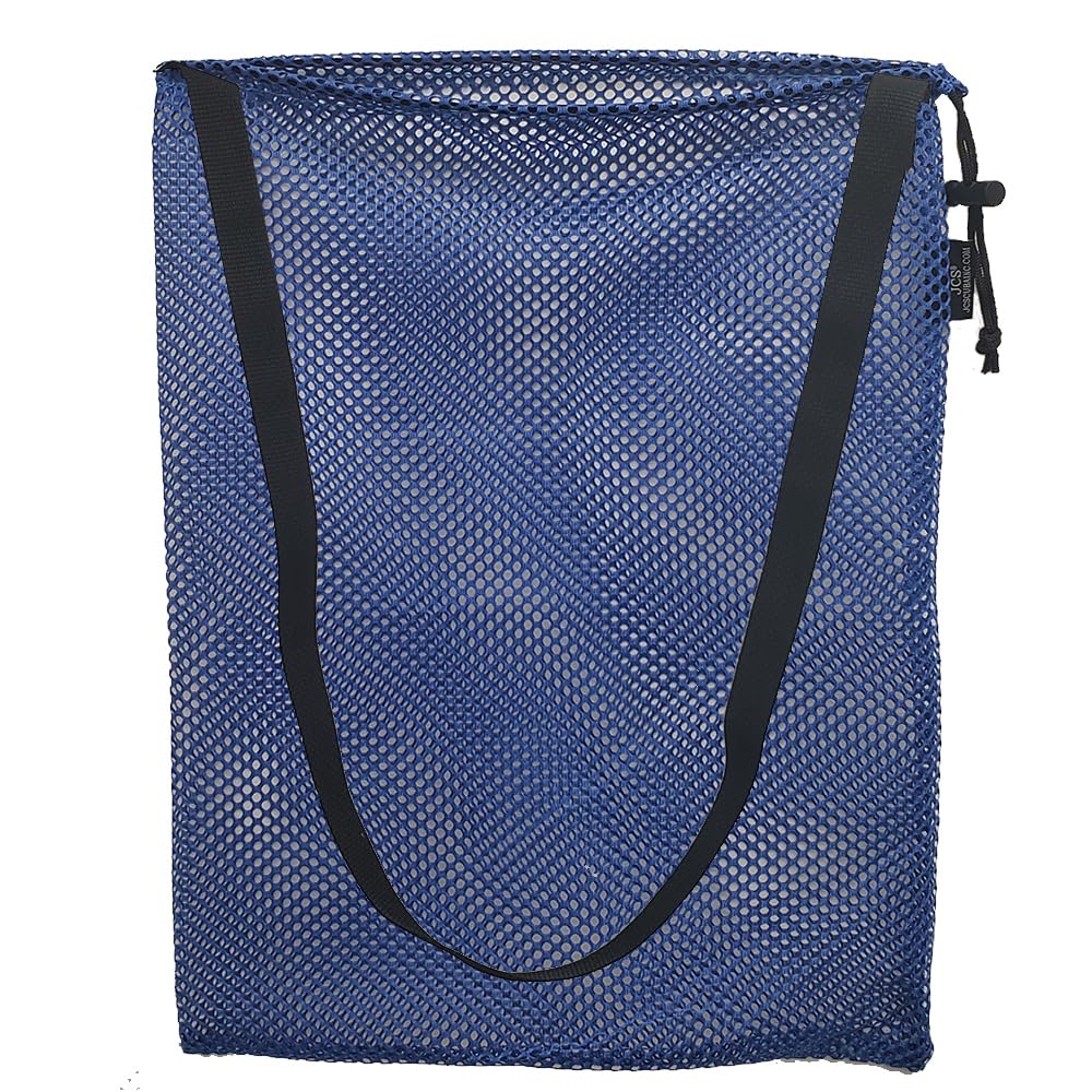 JCS 15x20 Nylon Mesh Drawstring Tote Bag with Shoulder Strap, Blue