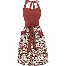 Cute Floral Aprons for Women with Pockets,Cotton Adjustable Neck Strap Apron for Kitchen Cooking Baking Gardening