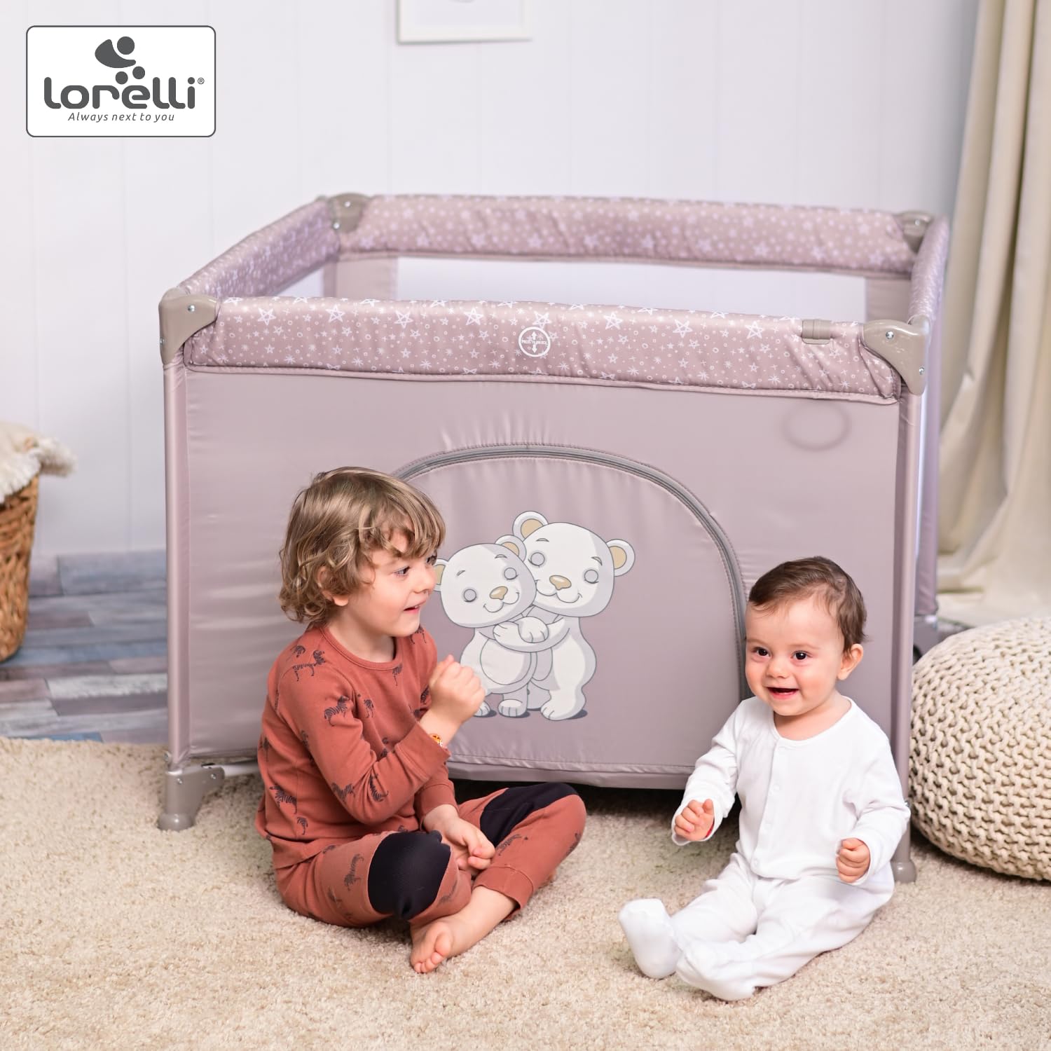 Lorelli Baby Laufstall Playground, kleiner Laufgitter 100x100 cm, Absperrgitter mit atmungsaktivem Netz, Schutzgitter mit Reißverschlusstür, faltbarer Krabbelgitter, rosa