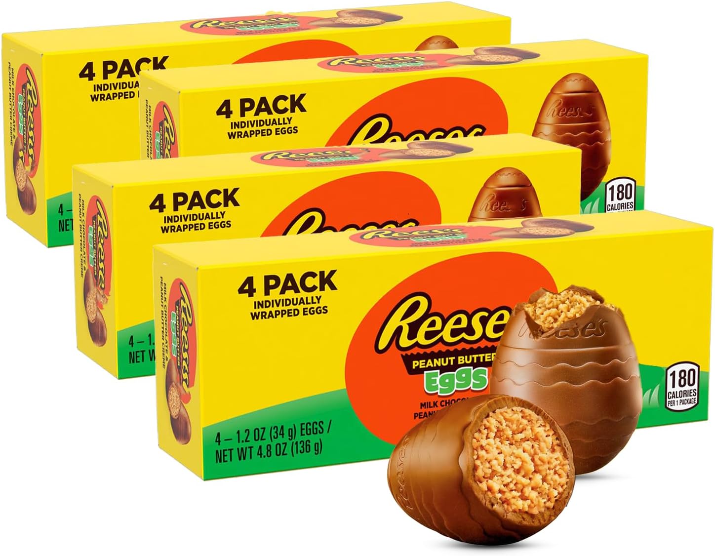 Reese Creme Eggs Easter Candy 4 Pack - Milk Chocolate Peanut Butter Eggs Individually Wrapped Easter Candy For Parties, Egg Hunt, Snacks & Treats - 16 Large 1.2oz Eggs
