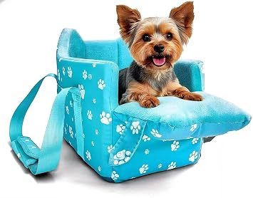 Center Console Dog Car Seat for Small Dogs Under 15lbs,Detachable Washable Booster Pet Car Seat Travel Bed with Storage Pockets and Seat BeltBlue