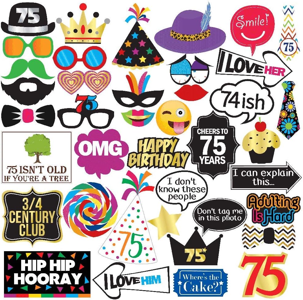 75th Birthday Photo Booth Props - 40 Pieces - Funny Birthday Party Supplies for Him or Her - Photo Booth Decorations, Favors and Gifts