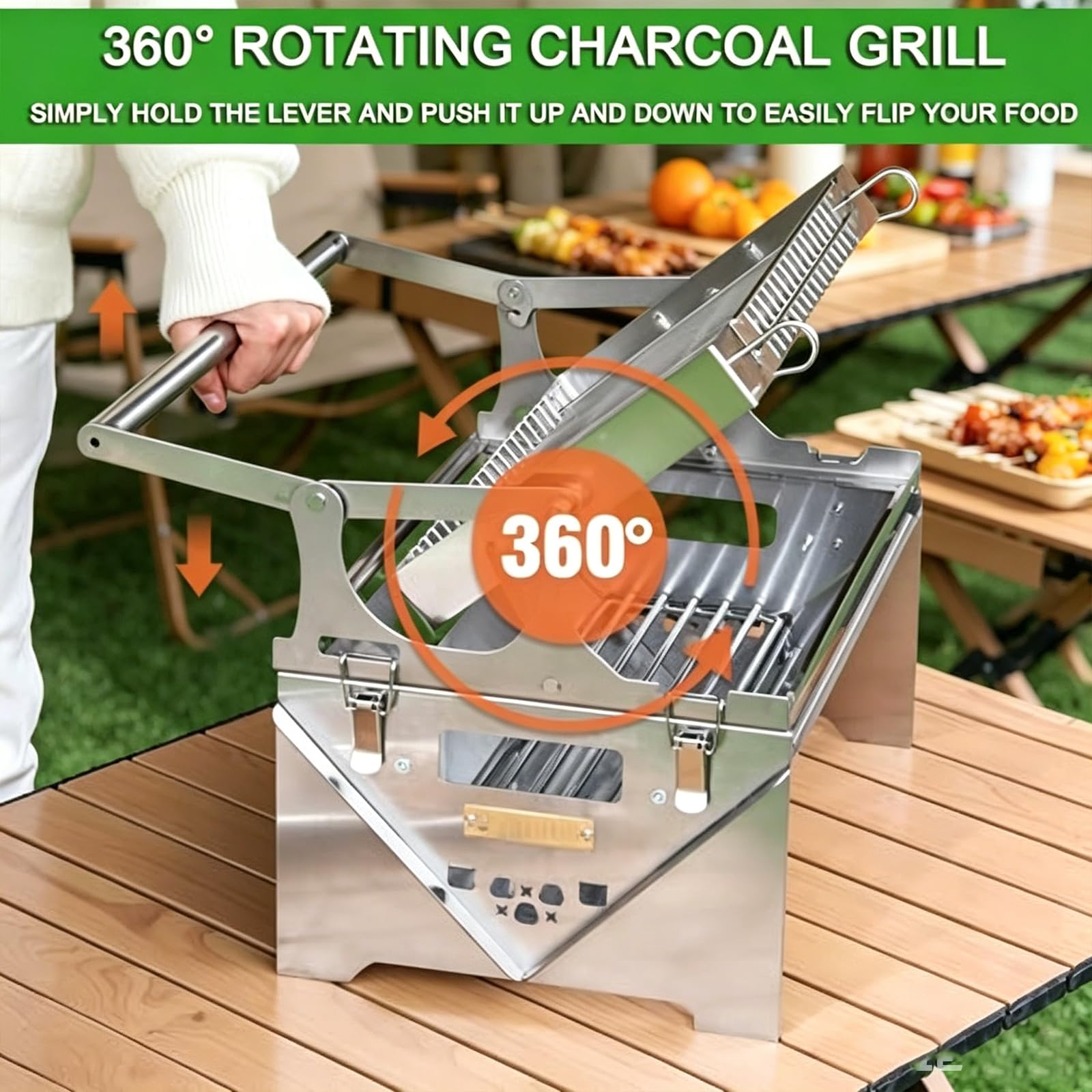 Odwracany grill, przenośny grill i palenisko 2 w 1 ze stali nierdzewnej, dwustronna klatka obrotowa 180° z regulowanym grillem, zdejmowana konstrukcja do biwakowania i gotowania na świeżym powietrzu