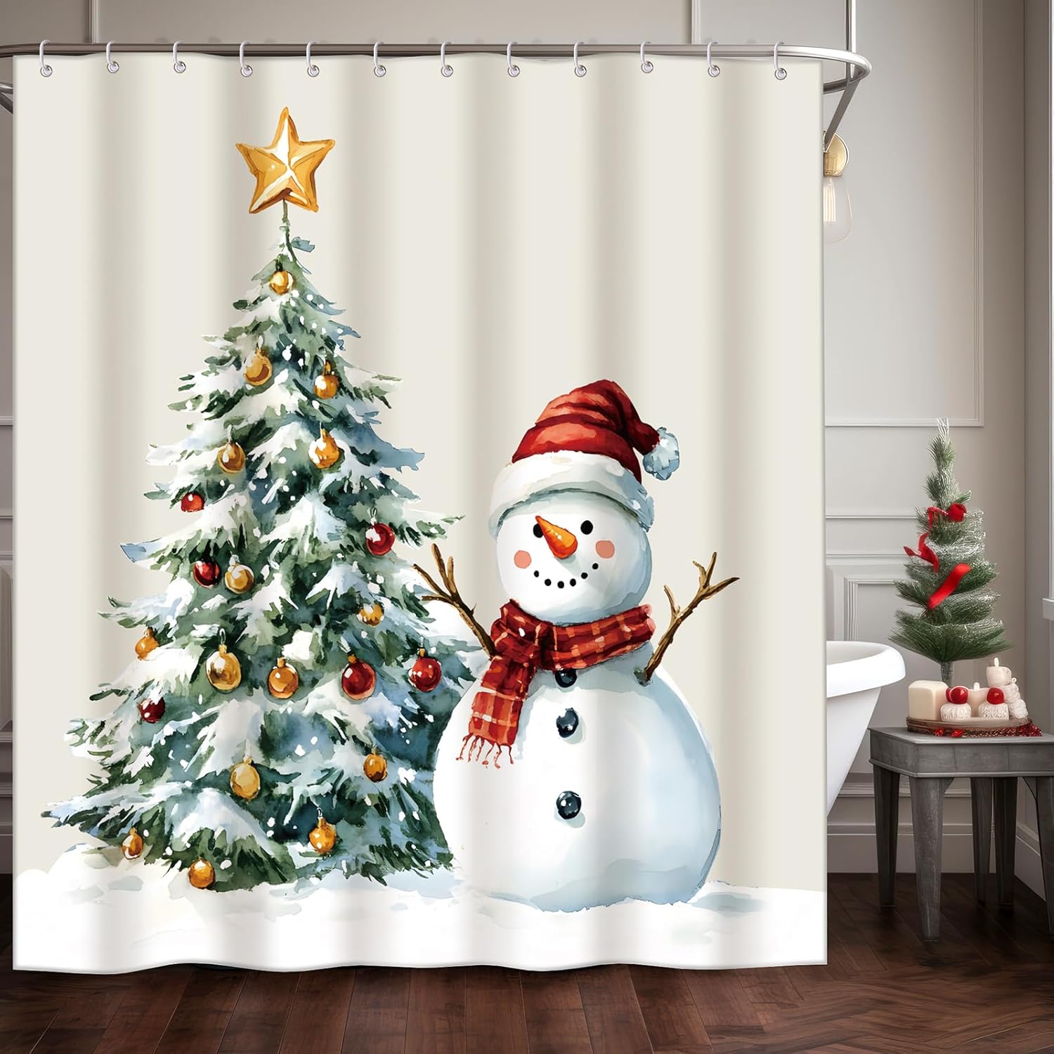 Amyhill Christmas Shower Curtain Set, 4 Pcs Snowman Bathroom Decor, 71 x 71 Inch Shower Curtain with 12 Hooks, Toilet Lid Cover, Bath Mat and Accessories, Durable Bathroom Decor Set