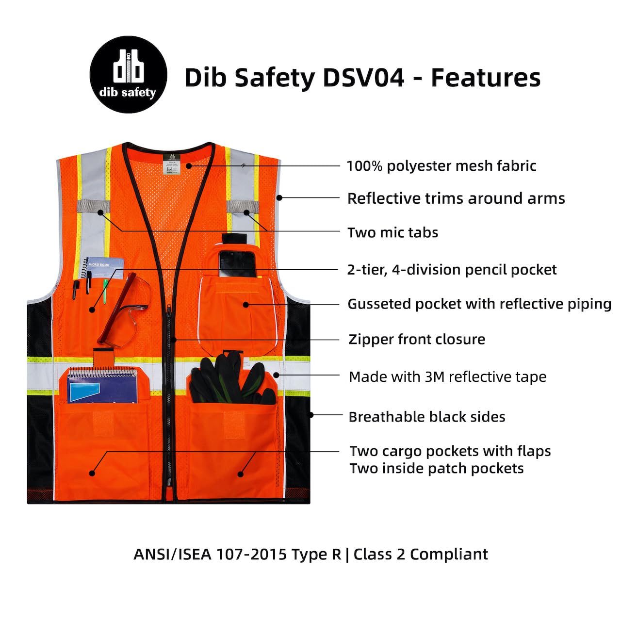 Dib Safety Chaleco reflectante de malla de alta visibilidad con bolsillos y cremallera, fabricado con cinta 3M