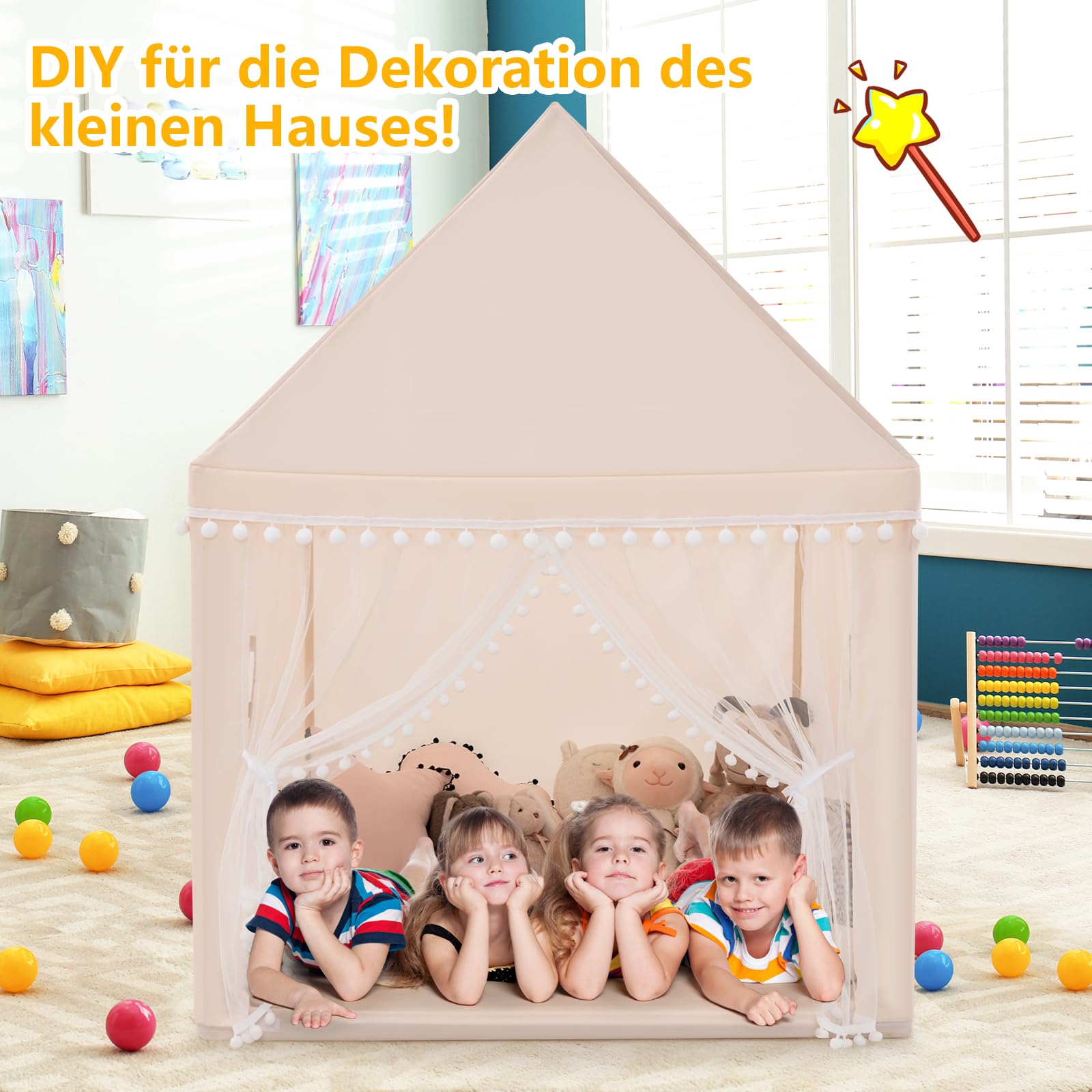 COSTWAY Grote Tipi Speeltent voor 2-3 Kinderen, Binnen Speelhuis met Mat en Kleurrijke Vlaggen, Beveiligd PVC-Frame, Kindertent voor Jongens en Meisjes vanaf 3 Jaar, beige
