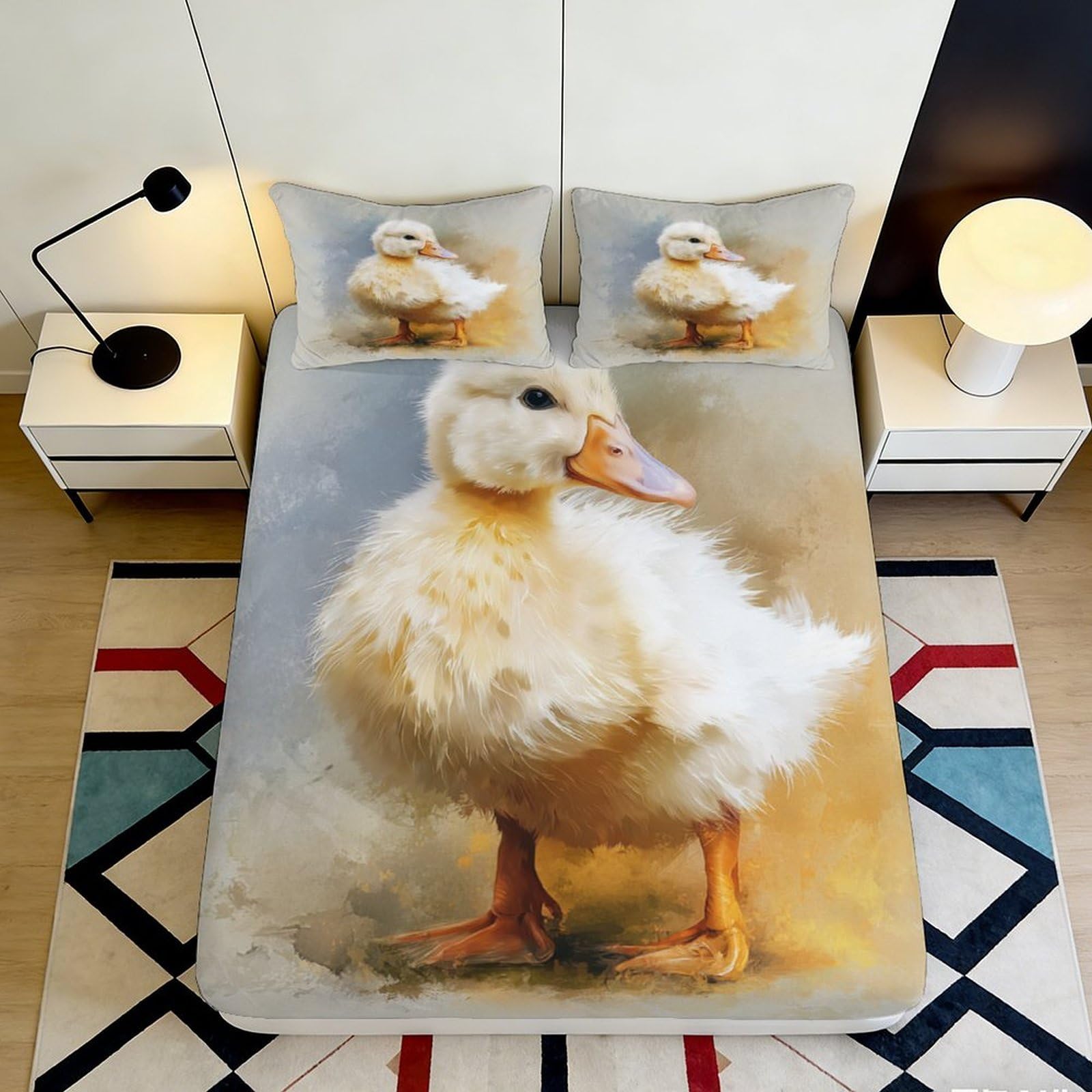 3D Printed Duck Illustration Fitted Sheet Microfiber Soft Mattress Cover for Bedroom Dorm Room Decoration 90x200x25cm