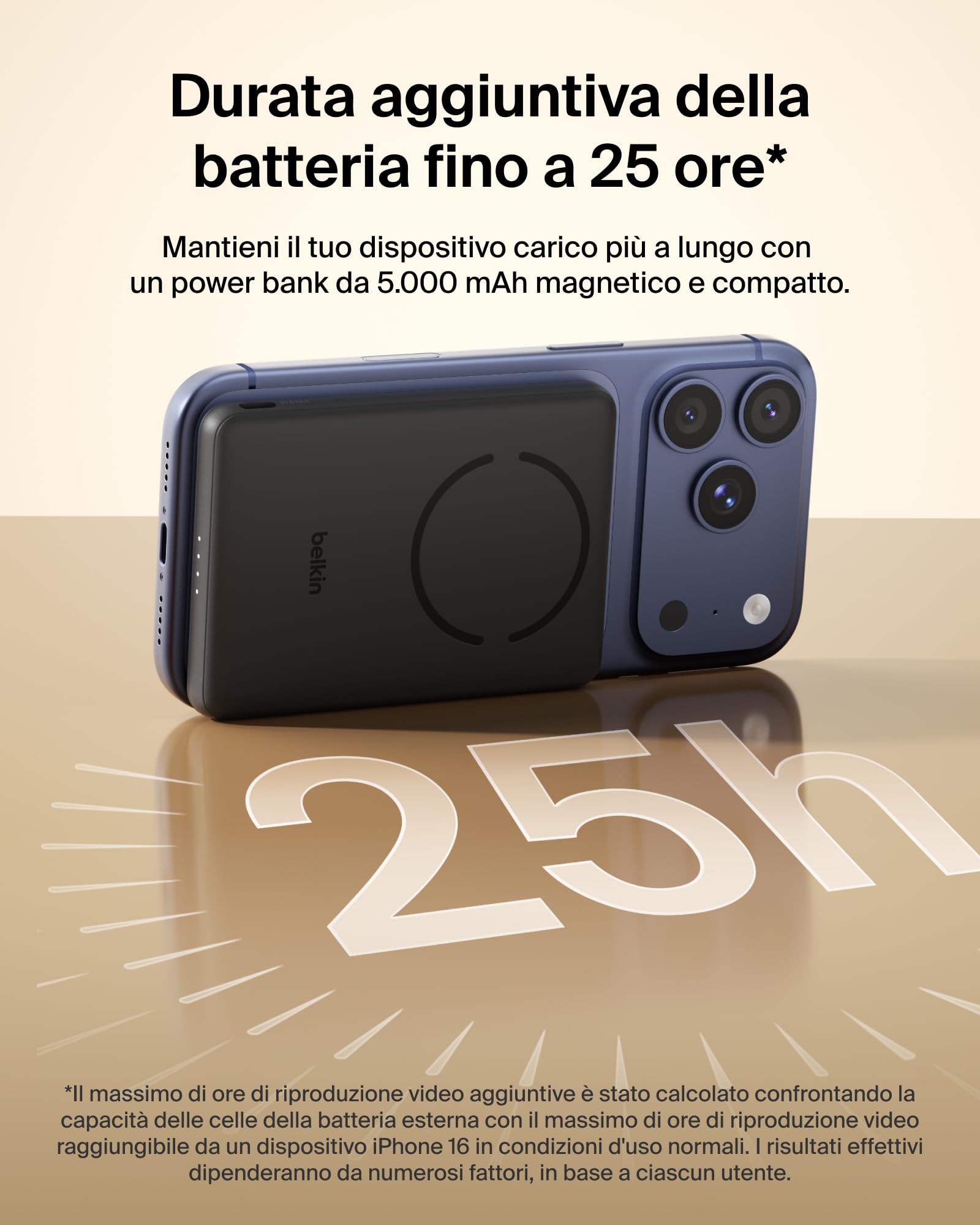 Belkin BoostCharge Power Bank Magnetico 5000mAh, Anello Magnetico - Nero | Caricatore Portatile 5000mAh Wireless, Certificato Qi2, Anello Magnetico per Aggancio, 1 USB-C, Pre-Caricato, Cavo Incluso