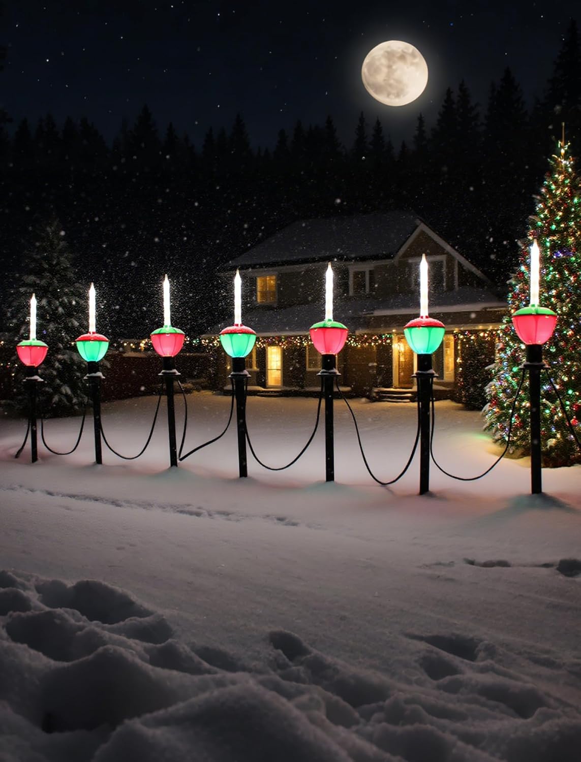 7 Pack Classic Christmas Pathway Lights, Vintage Style Bubbling Yard Stakes with Warm White Glow, Connectable Outdoor Christmas Decorations for Walkway, Lawn, Driveway